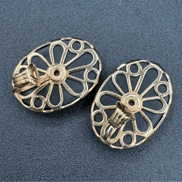Vintage Mid-Century Sarah Coventry Black Mirror Cabochon Clip On Earrings - Picture 7 of 12